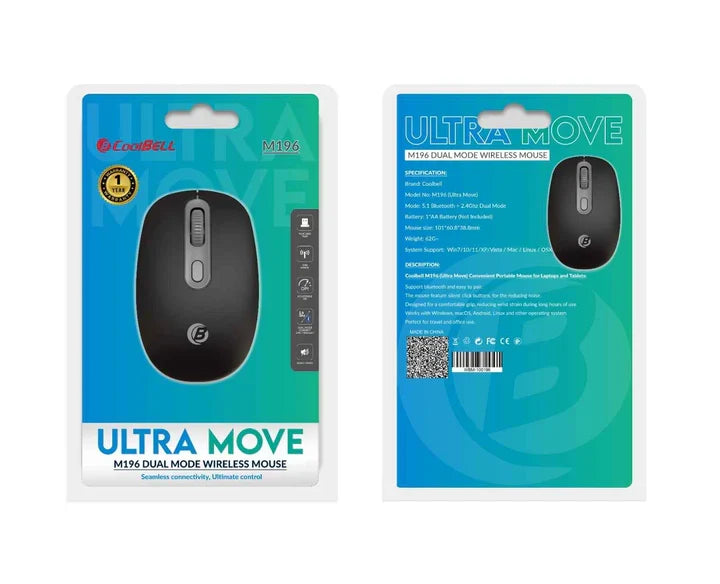 CoolBell Ultra Move M196 Dual Mode Mouse – Bluetooth + USB Dongle – 1 Year Warranty | Certified by Technology Zone